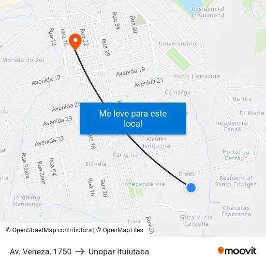 Av. Veneza, 1750 to Unopar Ituiutaba map