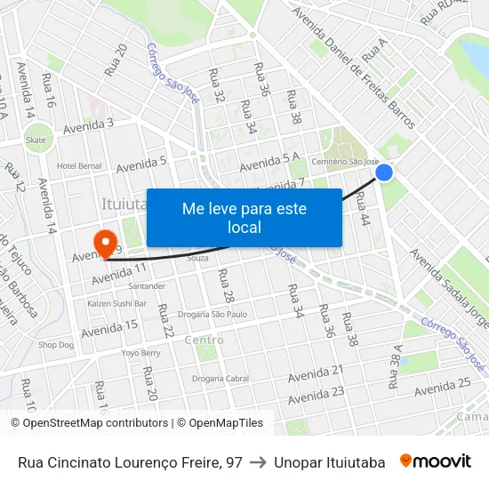 Rua Cincinato Lourenço Freire, 97 to Unopar Ituiutaba map