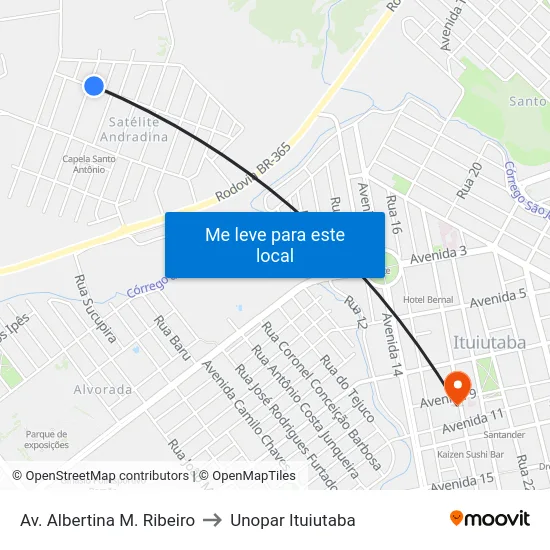 Av. Albertina M. Ribeiro to Unopar Ituiutaba map