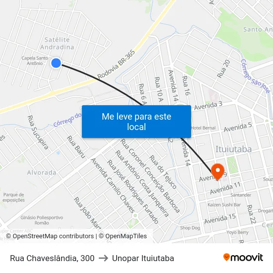Rua Chaveslândia, 300 to Unopar Ituiutaba map