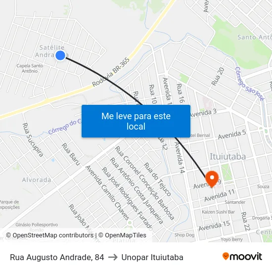 Rua Augusto Andrade, 84 to Unopar Ituiutaba map