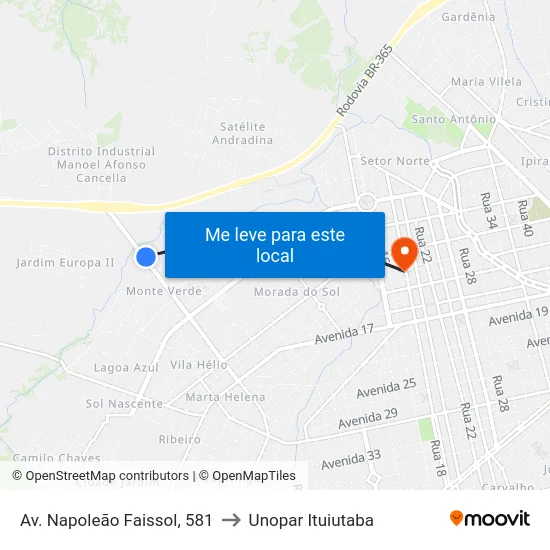 Av. Napoleão Faissol, 581 to Unopar Ituiutaba map