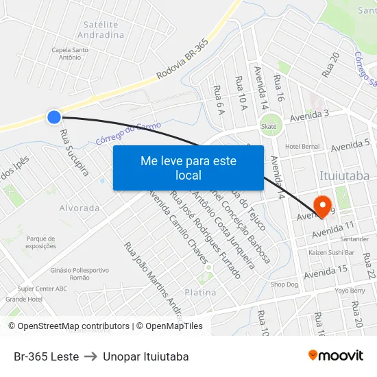 Br-365 Leste to Unopar Ituiutaba map