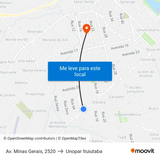 Av. Minas Gerais, 2520 to Unopar Ituiutaba map