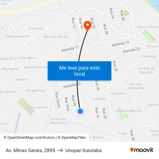 Av. Minas Gerais, 2895 to Unopar Ituiutaba map