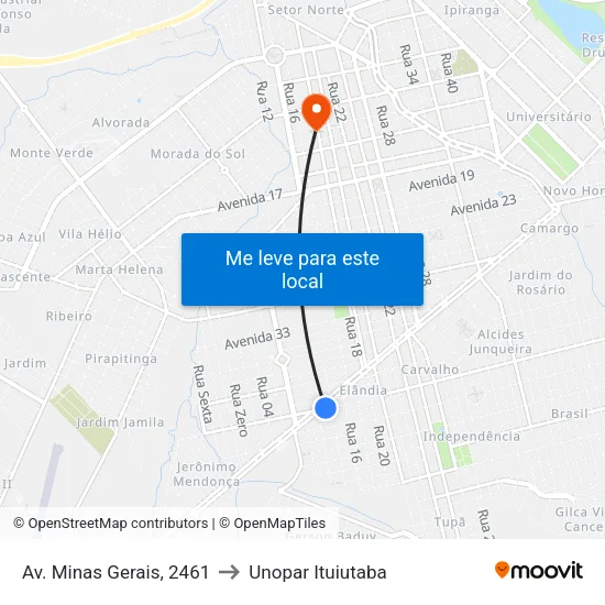 Av. Minas Gerais, 2461 to Unopar Ituiutaba map