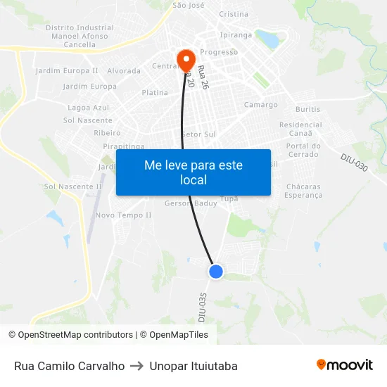 Rua Camilo Carvalho to Unopar Ituiutaba map