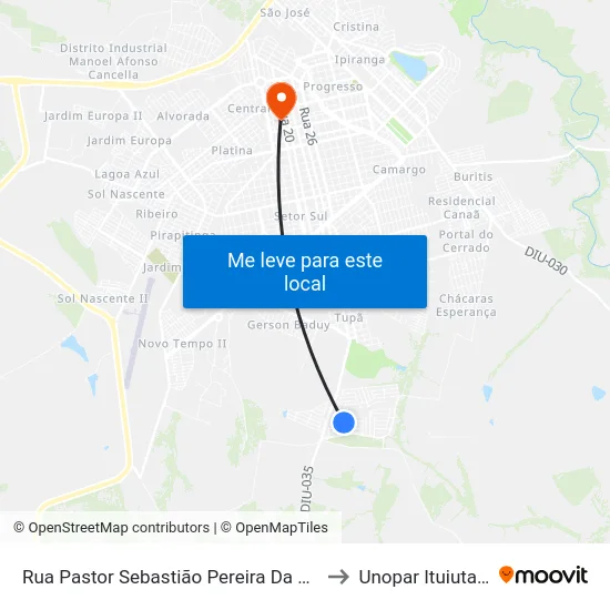 Rua Pastor Sebastião Pereira Da Silva to Unopar Ituiutaba map