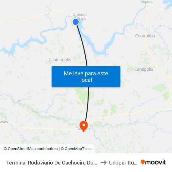 Terminal Rodoviário De Cachoeira Dourada De Minas to Unopar Ituiutaba map