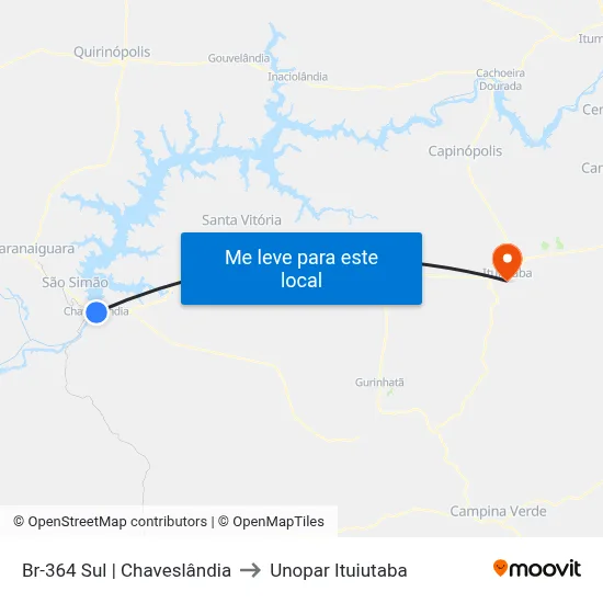 Br-364 Sul | Chaveslândia to Unopar Ituiutaba map