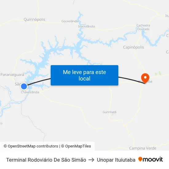 Terminal Rodoviário De São Simão to Unopar Ituiutaba map
