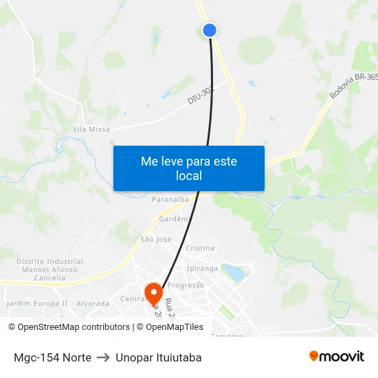 Mgc-154 Norte to Unopar Ituiutaba map