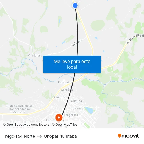 Mgc-154 Norte to Unopar Ituiutaba map