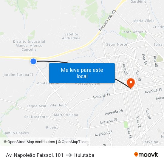 Av. Napoleão Faissol, 101 to Ituiutaba map