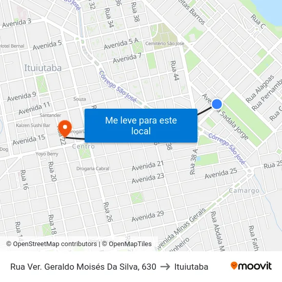Rua Ver. Geraldo Moisés Da Silva, 630 to Ituiutaba map