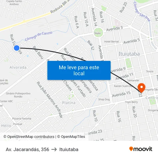 Av. Jacarandás, 356 to Ituiutaba map