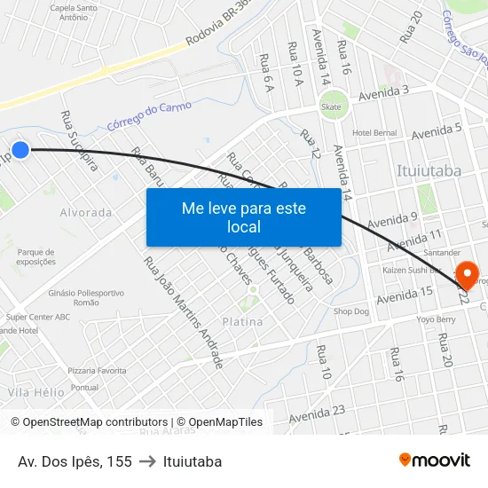 Av. Dos Ipês, 155 to Ituiutaba map