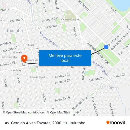Av. Geraldo Alves Tavares, 2000 to Ituiutaba map