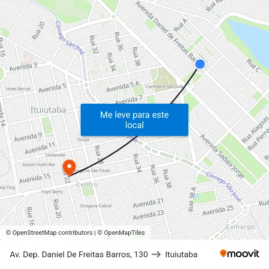 Av. Dep. Daniel De Freitas Barros, 130 to Ituiutaba map