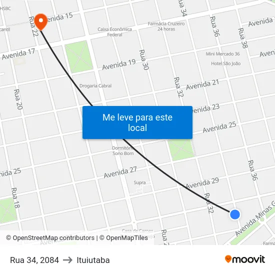 Rua 34, 2084 to Ituiutaba map