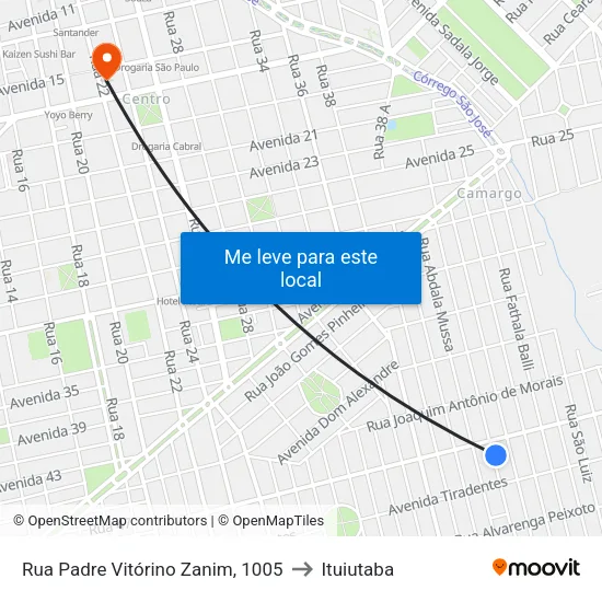 Rua Padre Vitórino Zanim, 1005 to Ituiutaba map