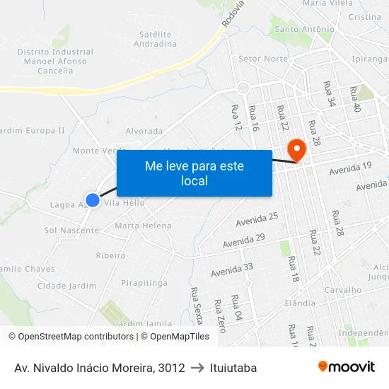 Av. Nivaldo Inácio Moreira, 3012 to Ituiutaba map
