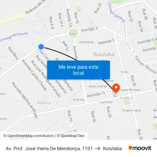 Av. Prof. José Vieira De Mendonça, 1101 to Ituiutaba map