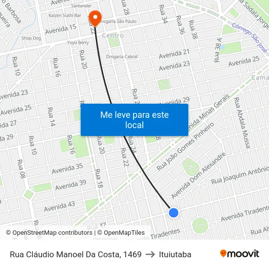 Rua Cláudio Manoel Da Costa, 1469 to Ituiutaba map