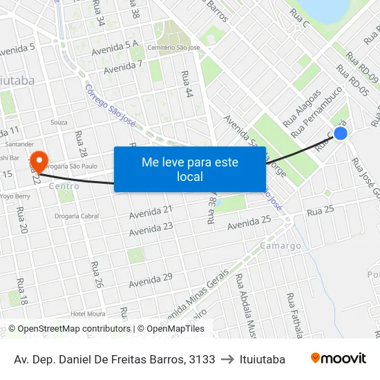 Av. Dep. Daniel De Freitas Barros, 3133 to Ituiutaba map