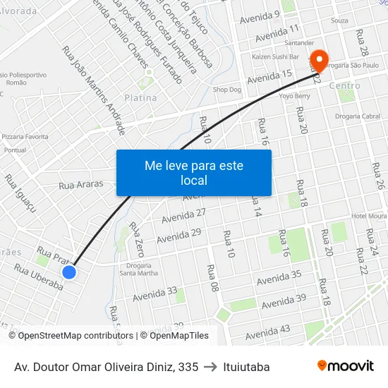 Av. Doutor Omar Oliveira Diniz, 335 to Ituiutaba map