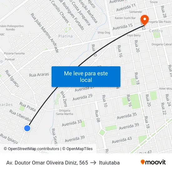 Av. Doutor Omar Oliveira Diniz, 565 to Ituiutaba map