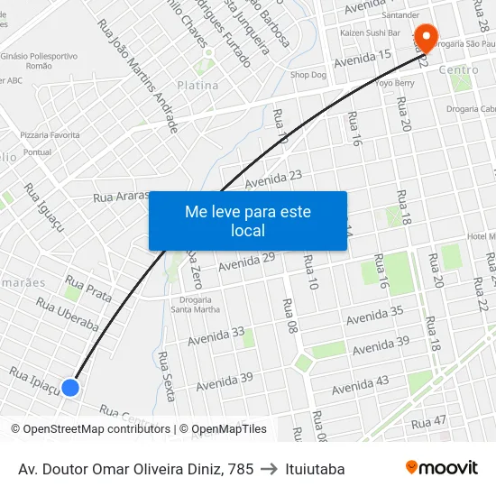 Av. Doutor Omar Oliveira Diniz, 785 to Ituiutaba map