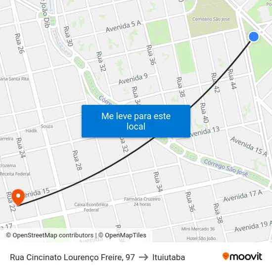 Rua Cincinato Lourenço Freire, 97 to Ituiutaba map