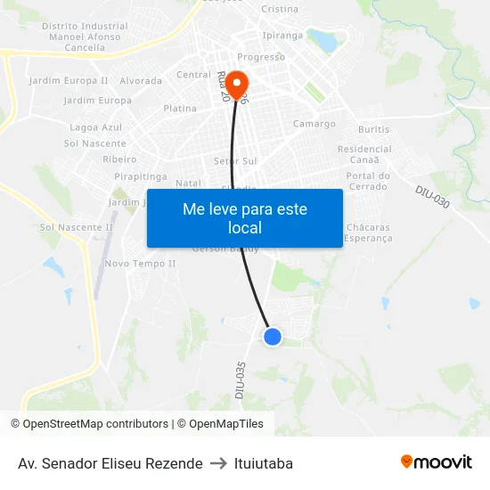 Av. Senador Eliseu Rezende to Ituiutaba map