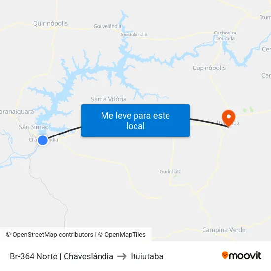 Br-364 Norte | Chaveslândia to Ituiutaba map