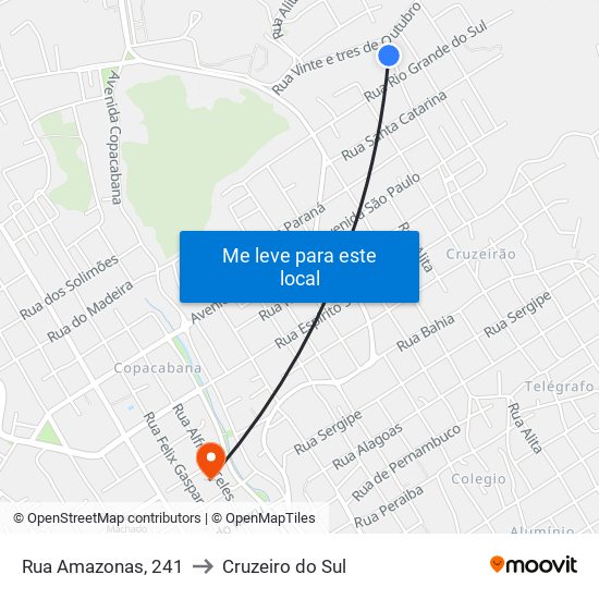 Rua Amazonas, 241 to Cruzeiro do Sul map