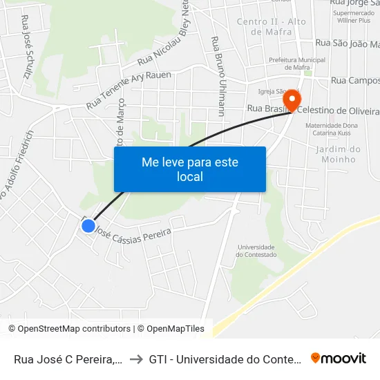 Rua José C Pereira, 965 to GTI - Universidade do Contestado map