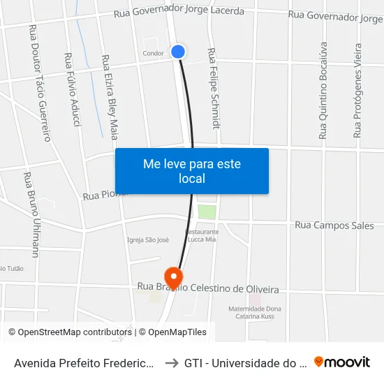Avenida Prefeito Frederico Heyse, 1022 to GTI - Universidade do Contestado map