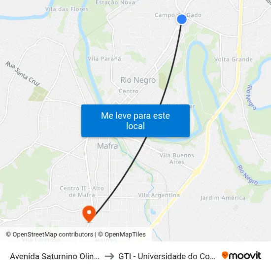 Avenida Saturnino Olinto, 2050 to GTI - Universidade do Contestado map