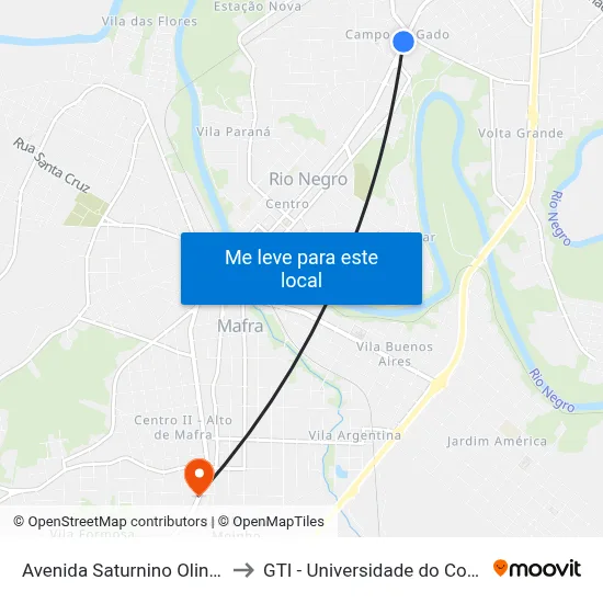 Avenida Saturnino Olinto, 2043 to GTI - Universidade do Contestado map
