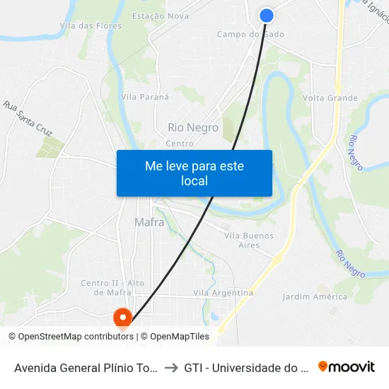 Avenida General Plínio Tourinho, 2362 to GTI - Universidade do Contestado map