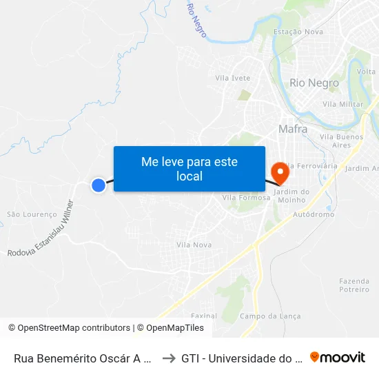 Rua Benemérito Oscár A Scholze, 2084 to GTI - Universidade do Contestado map