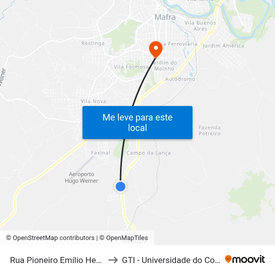 Rua Pioneiro Emílio Hening, 201 to GTI - Universidade do Contestado map