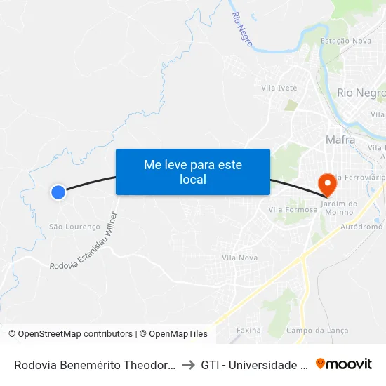 Rodovia Benemérito Theodoro Martins Stephanes to GTI - Universidade do Contestado map