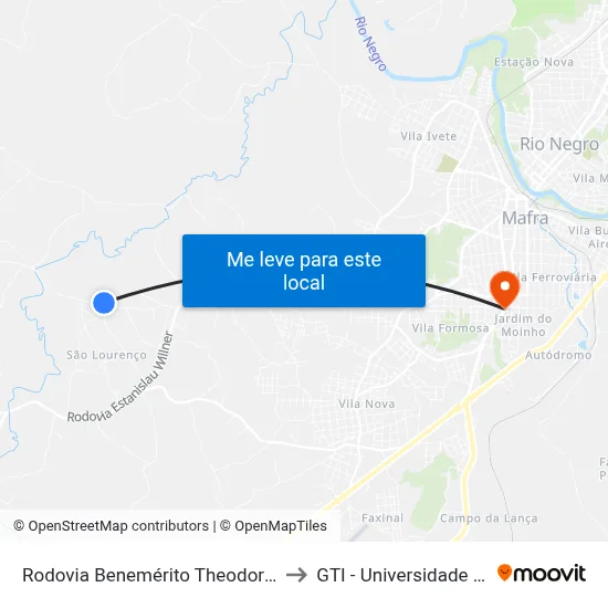 Rodovia Benemérito Theodoro Martins Stephanes to GTI - Universidade do Contestado map