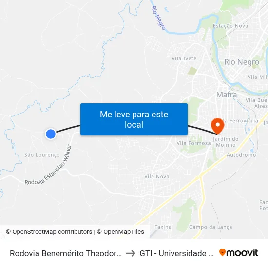 Rodovia Benemérito Theodoro Martins Stephanes to GTI - Universidade do Contestado map