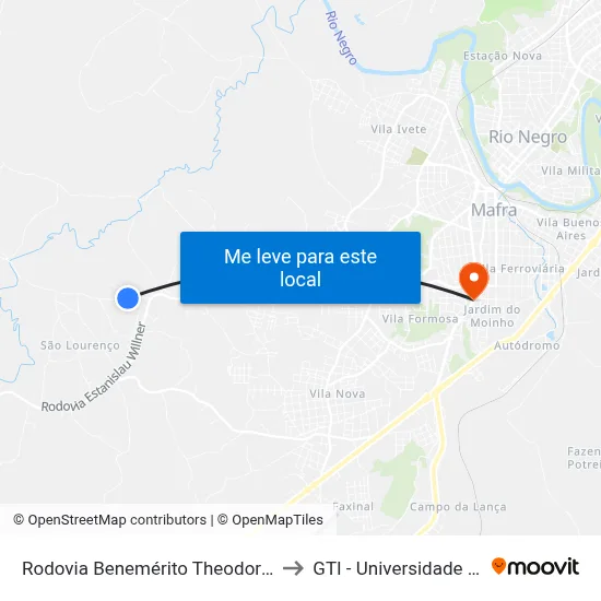 Rodovia Benemérito Theodoro Martins Stephanes to GTI - Universidade do Contestado map