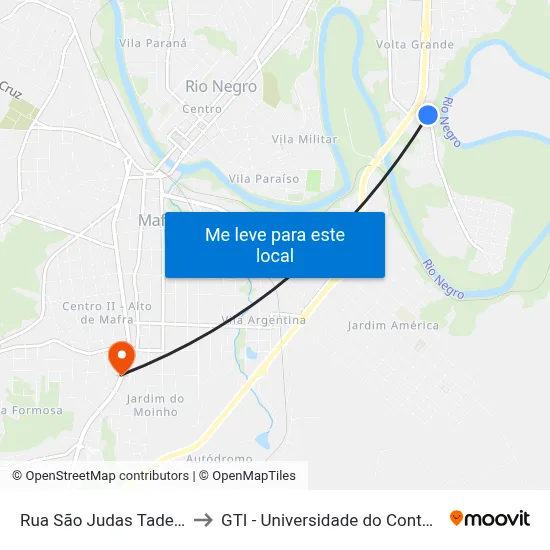 Rua São Judas Tadeu, 70 to GTI - Universidade do Contestado map