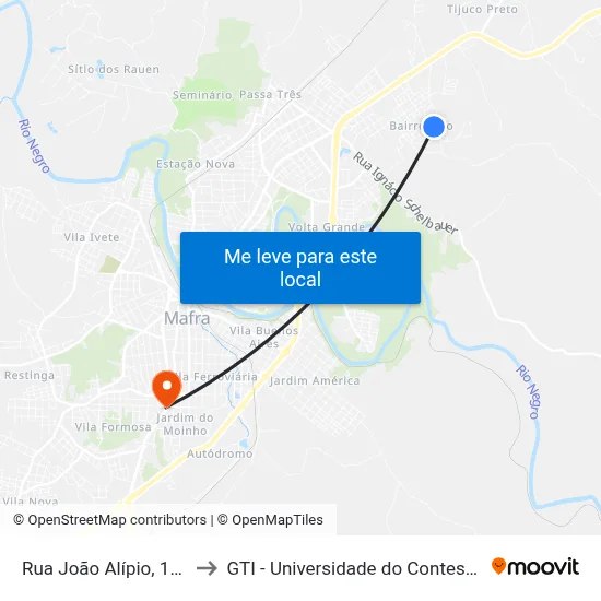 Rua João Alípio, 1413 to GTI - Universidade do Contestado map