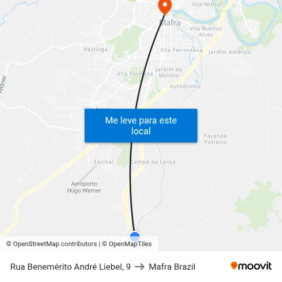 Rua Benemérito André Liebel, 9 to Mafra Brazil map